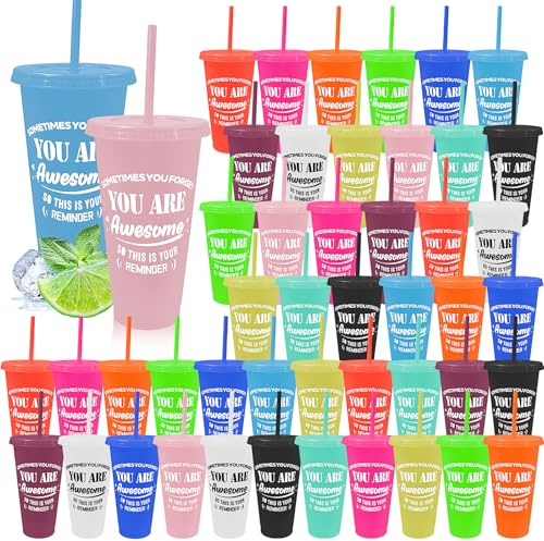 MSYU 48 Pack Employee Appreciation Gifts 24oz Coffee Mug, Plastic Tumblers with Straw Lid Staff Team Teacher Appreciation Gifts Reusable Inspirational Cups for Coworker Employees Volunteer
