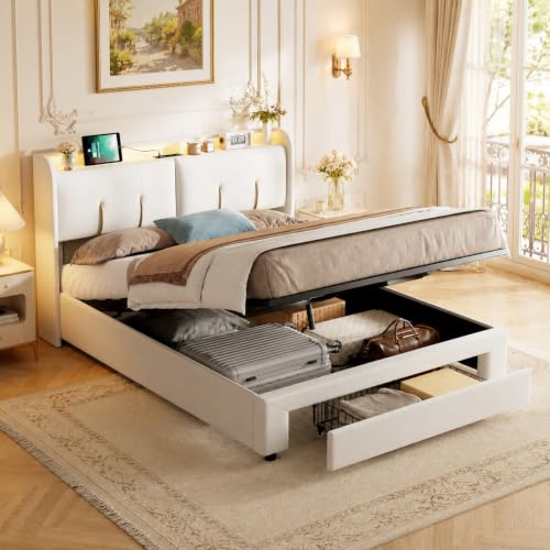 KeepGoon Luftdruckbett 160 x 200 cm,Doppelbett,Polsterbett,mit Stauraumfunktion und 1 Schublade,Stauraum am Bett,LDE- und USB-Ladeanschluss,Stauraumbett,Samt,Jugendbett hydraulisches Funktionsbett