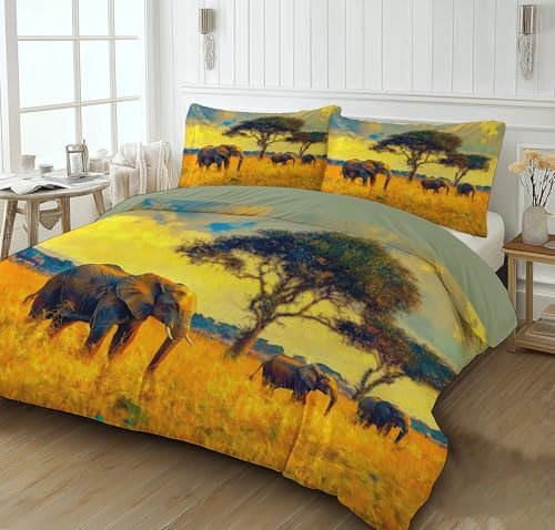 ZISTRCBAO Bettwäsche 135 * 200cm Gelb Bäume Wende Bettwäsche Set, Elefant Microfaser Bettbezug mit Reißverschluss und 1 Kissenbezug