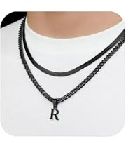 2 Stück Halskette für Jungen, Kette Herren Kette mit Buchstaben A-Z, Edelstahl Buchstaben Halskette, Layered Initial A-Z Kette Mit Buchstaben, Schmuck Geschenke für Freund Männer Frauen (Schwarz R)