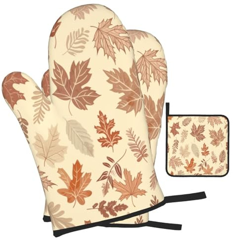 Mexpekil Lot de 3 gants de cuisine et maniques marron à motif feuilles d'érable - Résistants à la chaleur et antidérapants - 1 paire de gants de four et 1 tapis de maniques pour la cuisson, le