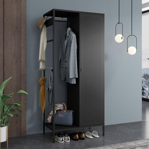 [en.casa] Armadio per Guardaroba Mobile in Metallo per Organizzare Vestiti Barra Appendiabiti Scomparti Porta Abiti con Anta 180 x 80 x 45 cm Nero