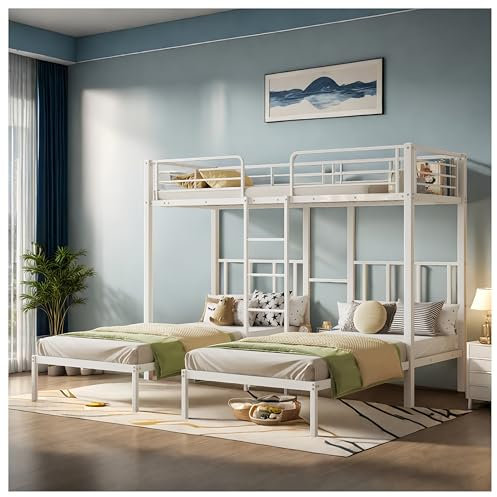 Seyakany Lit superposé 3 Places, avec échelle, Garde-Corps et Petite Table, lit superposé Enfant, 3 Lits Taille 90x200, Convient aux Adolescents et aux Enfants, matériau métallique, Blanc