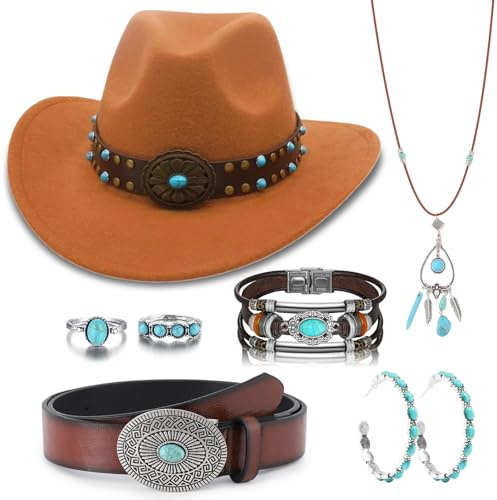 Saier tbo 7-delar Cowboyhatt Tillbehörsset för damer, västern cowgirl kostymsats med cowboyhattar bälten boho-halsband örhängen ringar armband för karneval fasching cosplay temafest