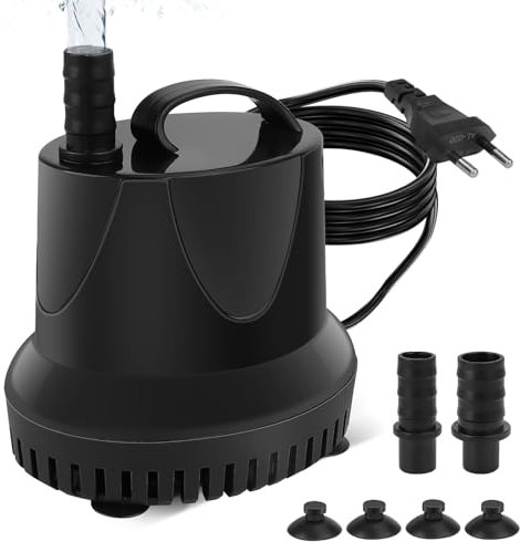 Mini Wasserpumpe (1800L/H, 25W) Teichpumpe/Brunnenpumpe/Aquarium Pumpe, Springbrunnenpumpe Maximale Sprühhöhe 1,8m, 4 Saugnäpfe an der Unterseite, 1,4 m Steckerkabel mit 2 Düsen(12/16mm),Geräuscharm