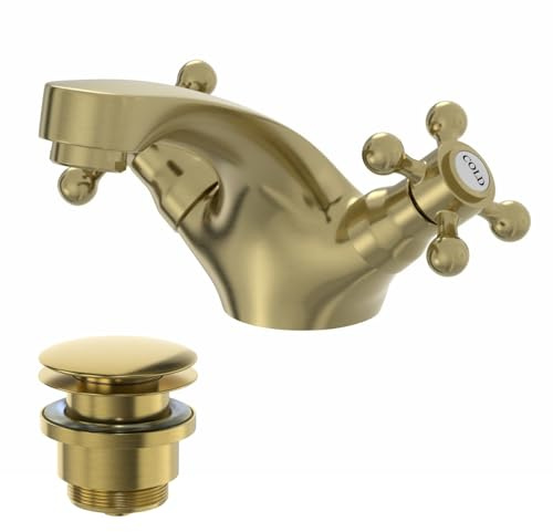 Park Lane® Oxford Bathroom Cloakroom Basin Sink Mixer Tap and Waste Set Traditional Mono Round Twin Crosshead Handle Faucet for Sinks, Brushed Brass