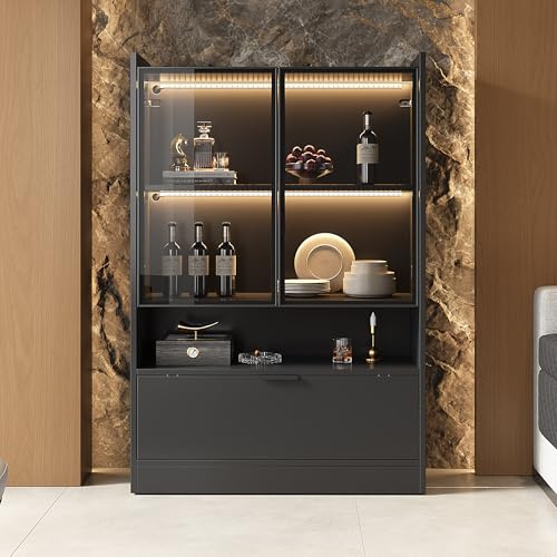 boorbin Moderne LED Vitrine Schwarz Matt Höhe 120cm mit 16-farbige LED-Beleuchtung, Glasvitrine Standvitrine mit Beleuchtung, Wohnzimmerschrank mit Glastüren und Klapptür, Spanplatte Display Schrank