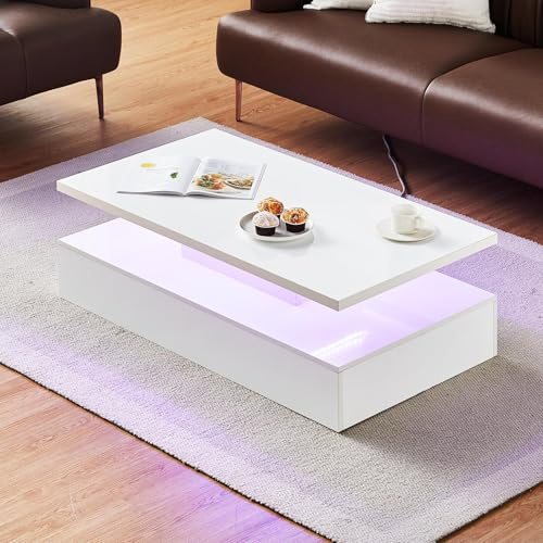 CLIPOP Mesa de centro blanca brillante con iluminación LED, mesa de salón, mesa de café de 2 niveles, 110 x 60 x 39 cm
