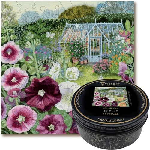 Victory Wooden Puzzles – Floral Jigsaw Puzzle for Adults - 83 Pieces. ‘Hollyhocks’ Premium Linden Wood Flower Jigsaw Puzzle in Metal Storage Tin with Special 'Whimsical' Shaped Pieces.