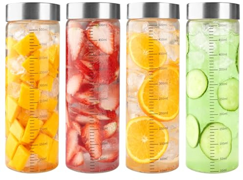 Lot de 4 Bouteille Verre 500ml - 4 Morceaux de Bouteilles en Verre Avec éChelle de Mesure, Couvercle en Acier Inoxydable, Tasse en Verre, Bouteille de Smoothie RéUtilisable Pour les Jus, Eau Smoothies