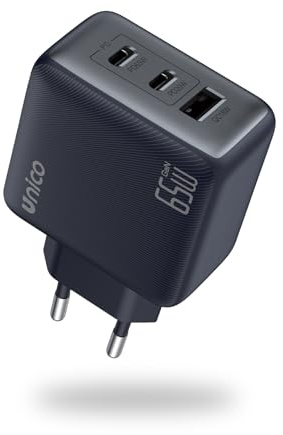 UNICO Cargador USB C 65W con 3 Puertos, Adaptador de Corriente GaNInfinity de Carga Rápida, Compatible con MacBook Pro Air, iPad, iPhone 17 Pro MAX Air/16-13 Series, Pixel 8 7, Galaxy Series