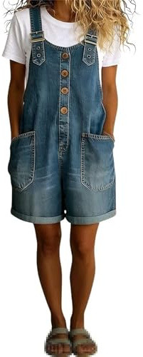 Damer sommar denim overaller shorts solid färg fram knapp U-hals slips väska retro casual denim jumpsuit, blå, M