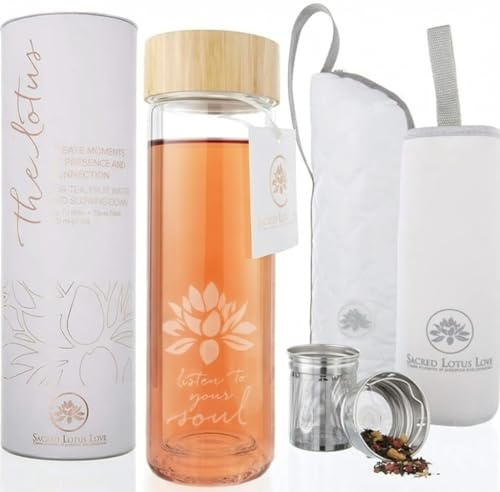Sacred Lotus Love Double-Walled Glass Tea Tumbler with Infuser and Strainer 15oz - Perfect for Loose Leaf Tea, Cold or Hot Water Bottle, Fruit Drinks - Comes with Travel Sleeve and Cozy