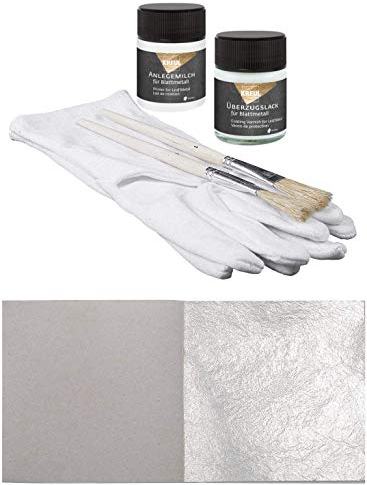 Starterset 50 Blatt Echtes Blattsilber 6cm x 6cm Echt Silber Set zum Versilbern & Basteln Silberblatt Möbel + 1 x Kreul Anlegemilch Kleber 50 ml + 1 x Überzugslack 50 ml + 1 Paar Handschuhe + 2 Pinsel