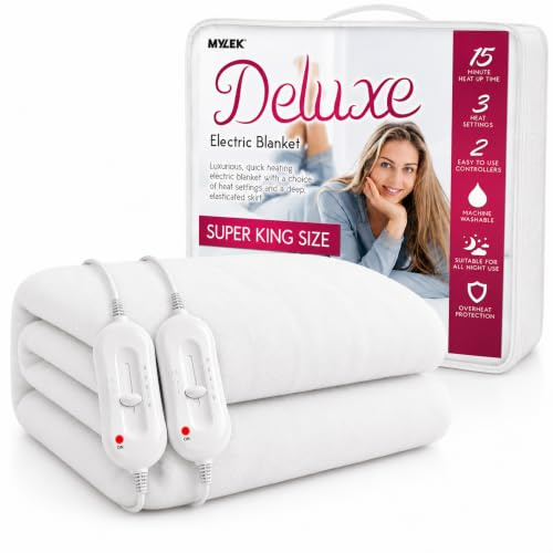 Mylek Manta eléctrica para cama Super King, funda de colchón con calefacción y doble control con falda elástica, tamaño 203 x 182 x 40 cm, protección contra sobrecalentamiento, calentamiento rápido,