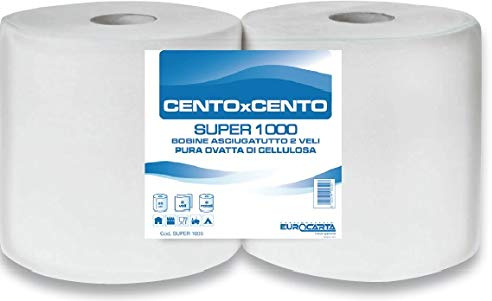 CARTAINDUSTRIA EUROCARTA SRL Bobina Super 1000 Coppia di Bobine Rotoloni di Carta Asciugamani Rotolo 1600 Strappi Assorbente