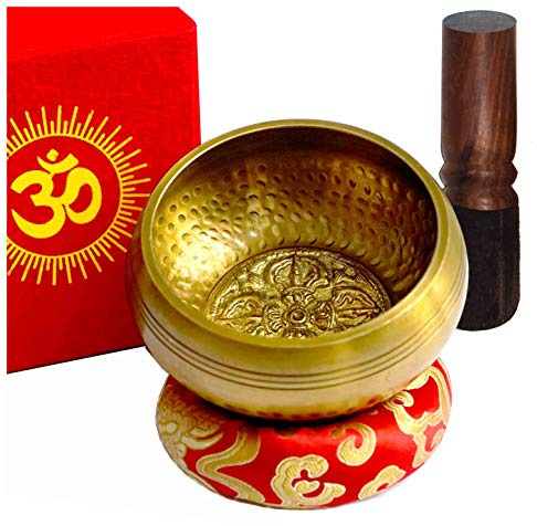 TARORO Tibetisches Klangschalen-Set aus Nepal ~ Ø12cm ~ handgefertigte tibetische Klangschale mit Klöppel und rot Seidenkissen in rot Lokta-Papierbox
