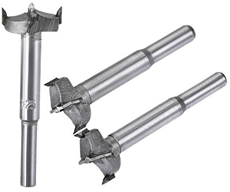 sourcing map Forstner Wood Boring Drill Bits 23mm 24mm 25mm Dia. Hole Saw Carbide Alloy Steel Tip Round Shank Cutting for Hinge Plywood Wood Tool 3in1 Set