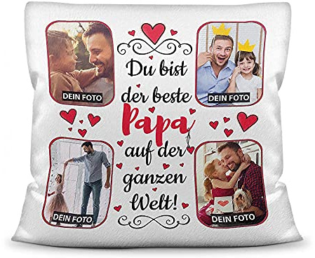 Print Royal Kissen mit Füllung zum selbst Gestalten mit 4 Fotos - Für den besten Papa - Hochwertige Kissenhülle mit Reißverschluss, Weiß flauschig, 40 x 40 cm