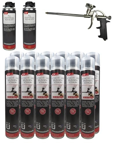 SDV Chemie Brunnenschaum B2 Pistolenschaum SET 12x 750ml + 2x PU Reiniger 500ml + 1x PU-Schaum-Dosierpistole