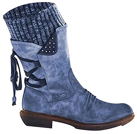 ticticlily Hohe Stiefel mit Fransen Frauen mit Fransen Stiefel mit Seitlichem Runde Zehe Kurz Chunky flaches Fashion Boot auf den Knien Large Blau 41 EU