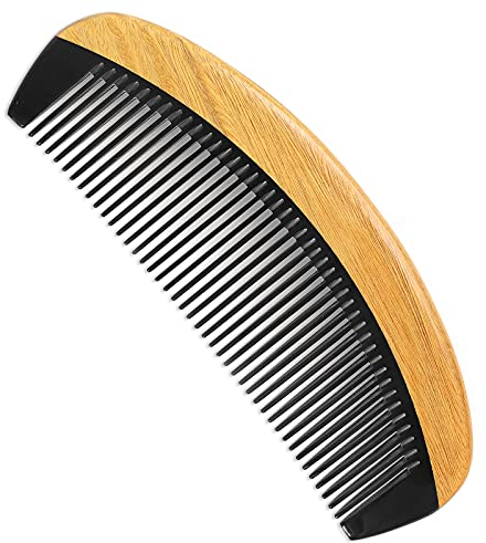 Onedor Extra longitud hecha a mano 100% madera de sándalo verde natural con cuerno de búfalo peine de dientes finos (cuerno de búfalo, diente fino ovalado)