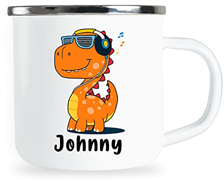 Jhonny Personalisierte Kindertasse mit Name und lustigem Dinosaurier Motiv Emaille Tasse individuelle Geschenke Kind Geburtstag Junge Mädchen Metallbecher Emailletasse Geschenkidee