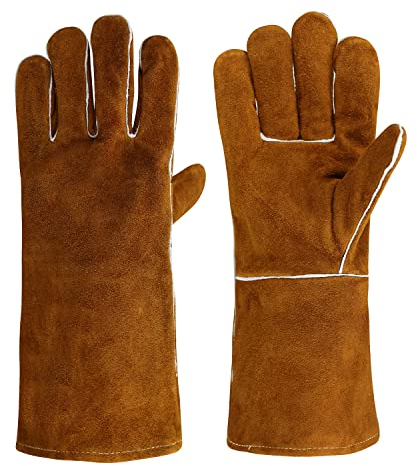 OLSON DEEPAK Grillhandschuhe Schweißerhandschuhe Feuerfeste Handschuhe Mitts für Schweißen, Ofen, Kamin, Backen, Herd, Topfhalter, Tierbehandlung, 14inches, brown hitzeschutz handschuh