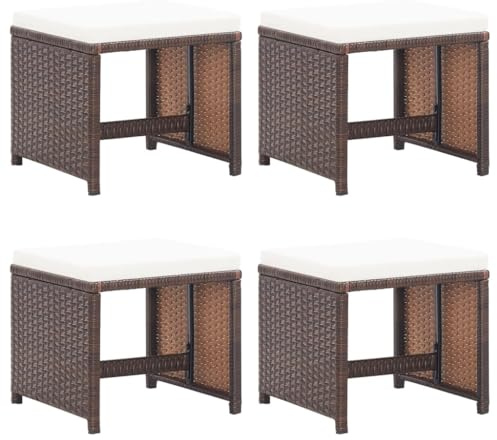 vidaXL 4X Gartenhocker mit Kissen Sitzhocker Fußhocker Fußstütze Fußbank Ottomane Fußablage Gartenmöbel Outdoor Hocker Poly Rattan Braun