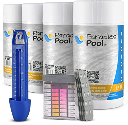 Paradies Pool Wasserpflege Set, 6-teilig, Chlor Granulat, Algenschutz, pH Plus Minus, Pool-Reinigungsset inkl. Thermometer & Wassertestgerät