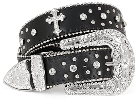 SUOSDEY Strass Nietengürtel Damen Herren Bling Kreuz Kronen Cowboy Cowgirls Western Ledergürtel fur Jeans Kleids Hose