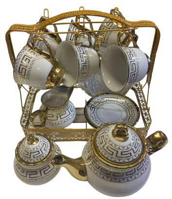 Service à café/thé 15 pièces avec support, tasses, soucoupes et carafes Doré et blanc