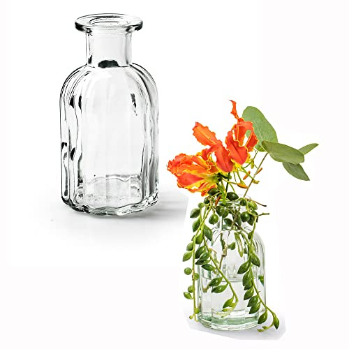 6 x Vasen aus Glas in geriffelter Optik - Glasvasen - H 10,5 cm Ø 5,5 cm | Vintage Blumenvasen - Dekoflaschen - Glasflaschen