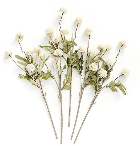 Ling's moment Pompon Mum Artificial Flower, 5pcs Faux Silk Mini Chrysanth with Stems, Bulk Fake Wedding Filler Flowers for DIY Bouquet Centerpieces Arrangements Shower Decorations, White