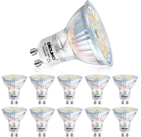 DiCUNO GU10 Dimmable LED Bulb, 4.2W Warm White 2700K Light Bulbs, 40W Halogen Equivalent, 320LM Energy Saving, 120°Beam Angle, AC 220-240V, Glass, 10 Packs