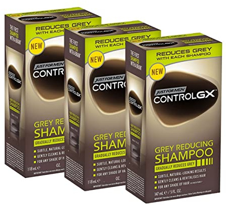 Just For Men Control GX - Grey Reducing Champú para cabello gris, con aceite de coco y aloe vera, nueva fórmula mejorada, todos los tonos, 118 ml x 3 uds + Pack Promoo