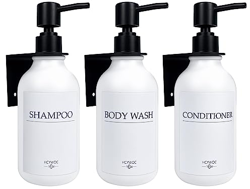 Seifenspender Wandbefestigung, Shampoo Flaschen Zum Befüllen Mit 16 Wasserdichten Etiketten, Spülmittelspender Ohne Bohren, Badezimmer Seifenspender Set, 500ml, 3 Stück, weiß