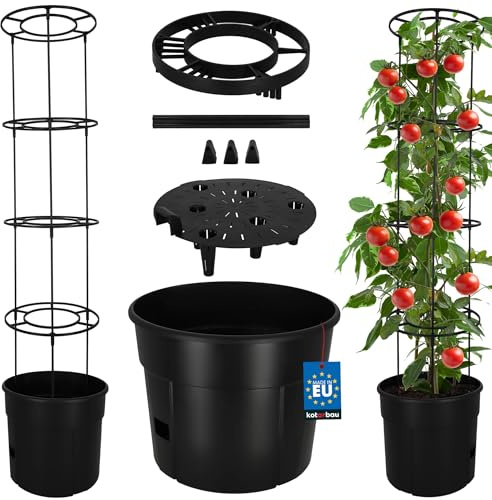 KOTARBAU® Tomatentopf mit Rankhilfe & Wasserspeicher ⌀ 39 cm, Tomatenturm | Pflanztopf + Rankhilfe für Tomaten & Gurken, 153 cm hoch, Rankturm, Anzuchttopf aus Kunststoff, Schwarz