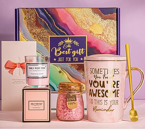 Birthday Gifts for Women, Relaxation Pamper Spa Gift Set with 14oz Pink Mug | Scented Candle, Inspirational Ceramic Cup, Self Care Bath Treats with Gift Card, Elegant Hamper for Her Get Well or Thank You
