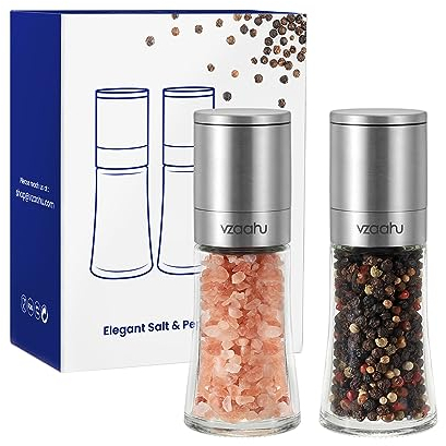 Vzaahu Juego de 2 Molinillos de Sal y Pimienta,con Núcleo de Cerámica de Canela,Rugosidad Ajustable,Color Plata