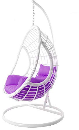 KIDEO Komplettset: großer Hängesessel mit Gestell & Kissen, Hängesessel weiß, Lounge Möbel, Poly-Rattan, weiß (Kissen: lila Nest (4050 Violet))