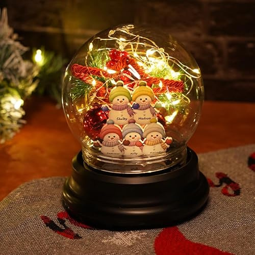 Bola de Vidrio Personalizada de Familia de Muñeco de Nieve, Bola de Nieve Iluminada con Luces LED y Nombres con Base Negra, Luces LED de Muñeco de Nieve para Navidad, Día de San Valentín, Cumpleaños