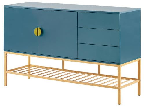 SogesHome Mueble Armario Auxiliar con Estante Abierto, 3 cajones, 4 Espacios de Almacenamiento con 2 Puertas, Elegante Armario de Almacenamiento Azul de MDF, Adornos Dorados
