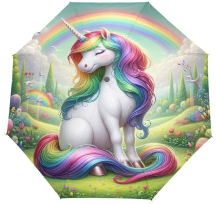 GAIREG Faltbarer Regenschirm mit Cartoon-Einhorn und Regenbogen, automatisches Öffnen und Schließen, kompakt, winddicht