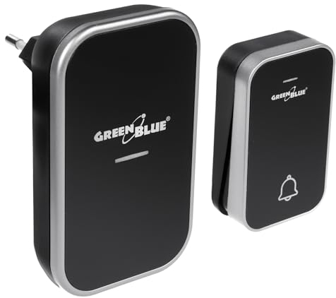 Green Blue GB157B Kabellose Türklingel Kabelloses, batterieloses, Kinetisches Klingelsystem mit 38 Melodien, Reichweite bis zu 200 m, IP44 (1x Steckdosen-Empfänger + 1x Sender/Schwarz)