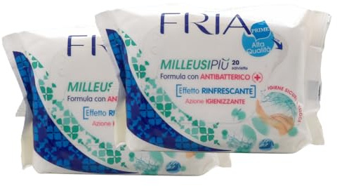 2x Salviettine Mani MilleusiPiù, Formula Con Antibatterico, Effetto Rinfrescante, Azione Igienizzante (Confezione Da 20 Salviette)