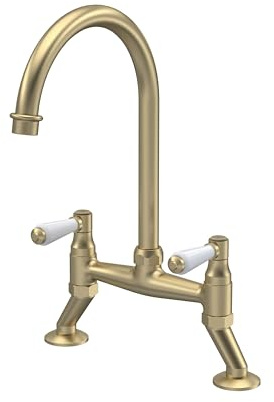 Balterley Kitchen Tap with Dual Lever Handles, Bridge Kitchen Mixer Tap, Brushed Brass Bridge Mixer Taps for Sink, Round Base with Curved Spout Taps for Sink - 235 x 200 x 510mm (Brushed Brass)