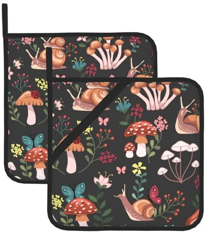 Pilz mit Schnecken Topflappen Set mit 2 Topflappen für die Küche Hitzebeständige Topflappen-Pad Hot Pads für die Küchentheke Topflappen mit Schlaufe Topflappen zum Kochen Grillen und Backen