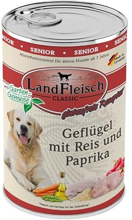 Landfleisch Classic Hundefutter Senior 6 x 400g | Geflügel, Reis und Paprika | Mit hochwertigem Fleisch, Rapsöl (Omega-3 & 6), ohne Gluten, Zucker, GVO & Soja | Nassfutter für Hunde