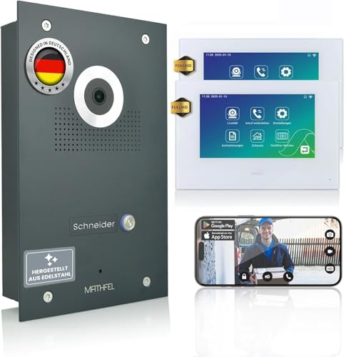 MATHFEL WLAN Video 4 Draht Türsprechanlage - Türklingel mit Kamera und 2X Monitoren, Türsprechanlage mit Türöffner für 170° Full HD Auflösung - Haustürklingel mit Kamera, Gegensprechanlage#